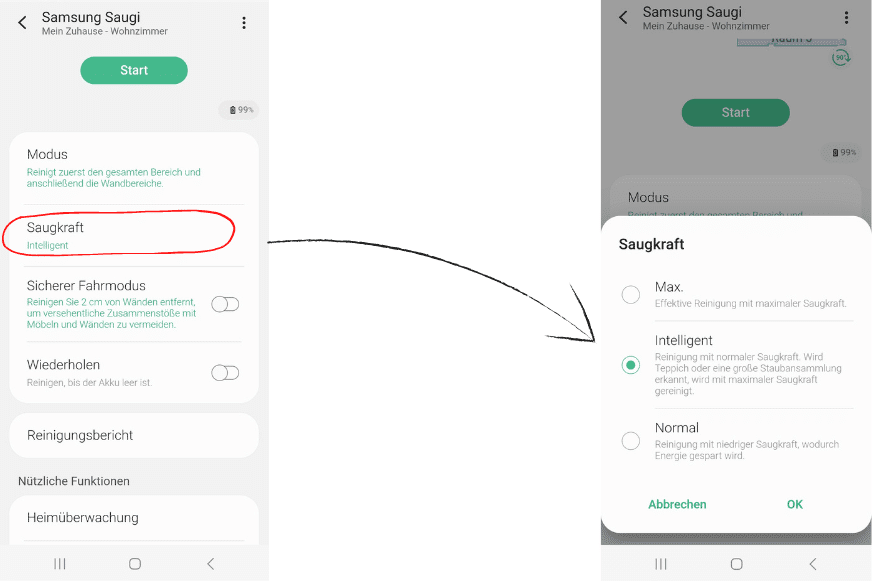 Die Saugkrafteinstellungen werden in der Samsung Jet Bot AI App ausgewählt.